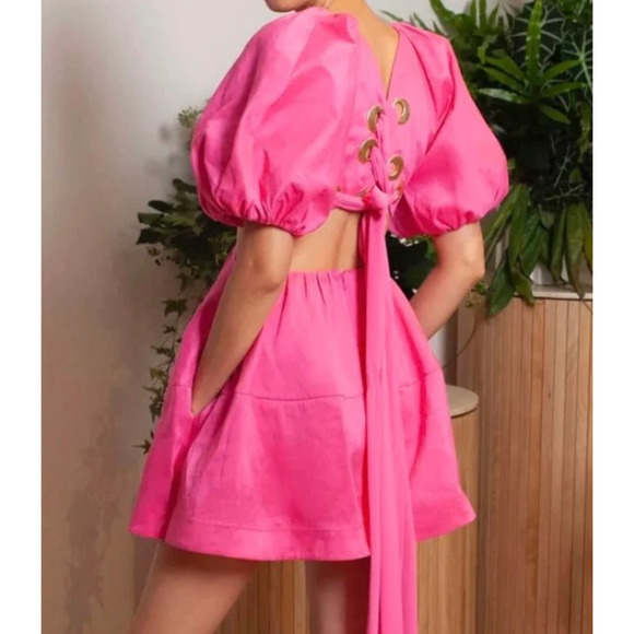 NWT Aje Admiration Hot Pink Balloon Sleeve Corset LaceUp Bow Mini Dress‎ US4|AU8 - Picture 2 of 13